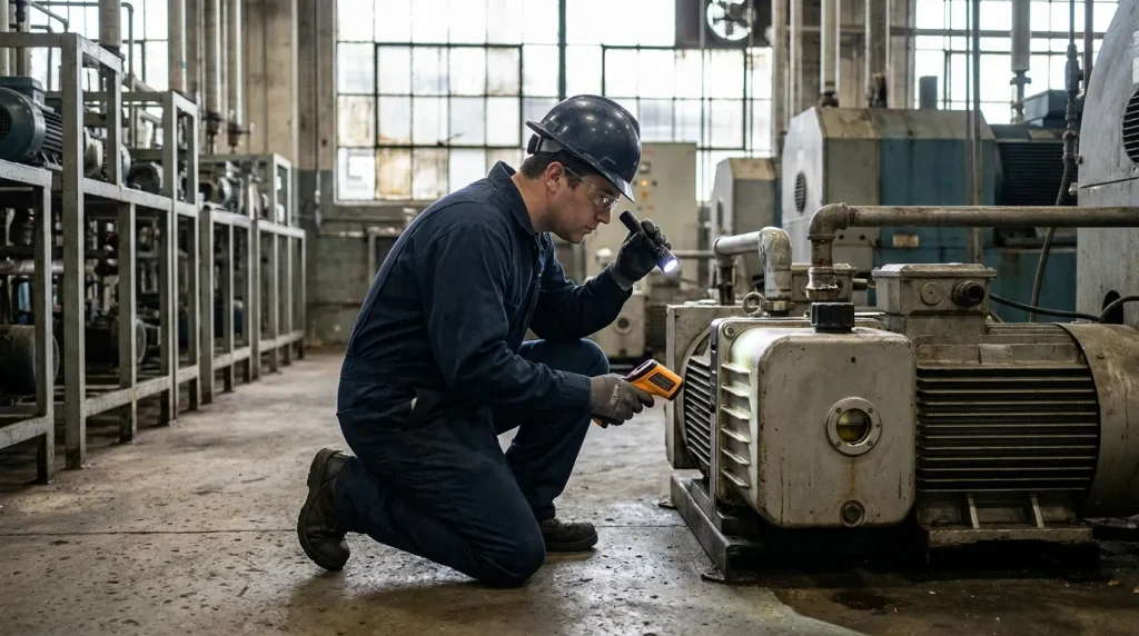 Maintenance technician performing a daily inspection of an industrial vacuum pump using a flashlight and handheld diagnostic device.