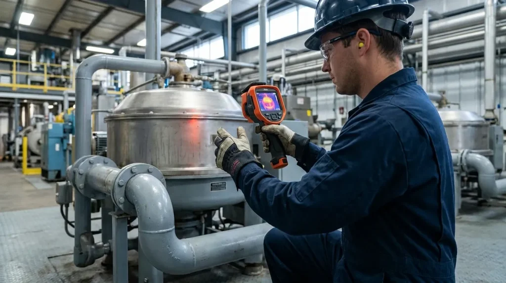 Technician inspecting an industrial centrifuge with a thermal imaging camera for temperature monitoring.