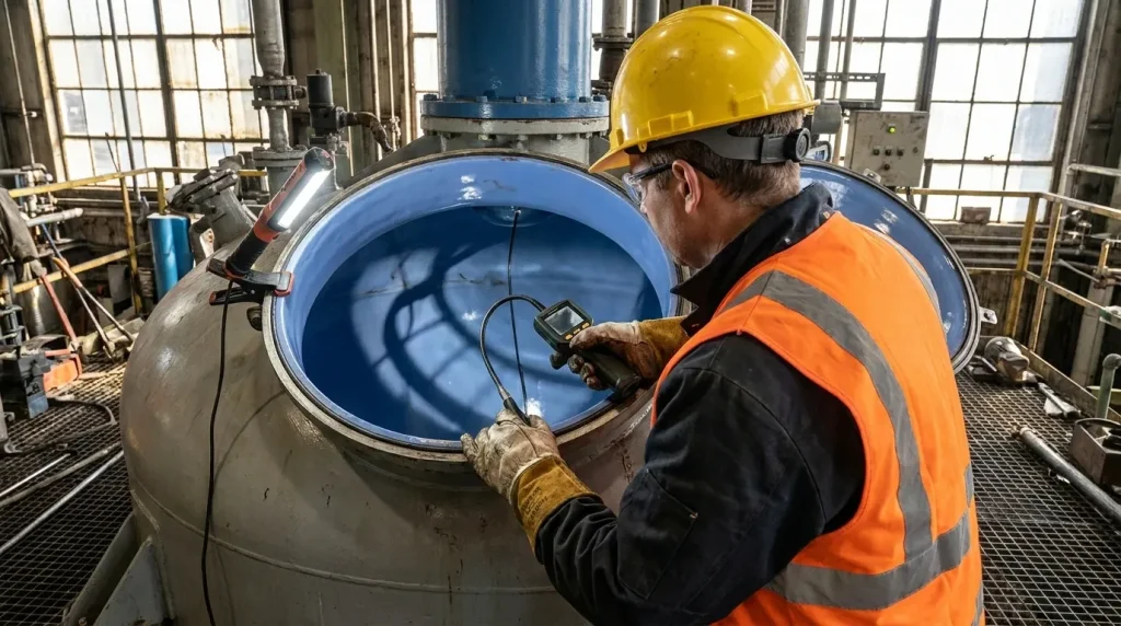 Technician inspecting the blue glass-lined interior of an industrial reactor vessel during maintenance.