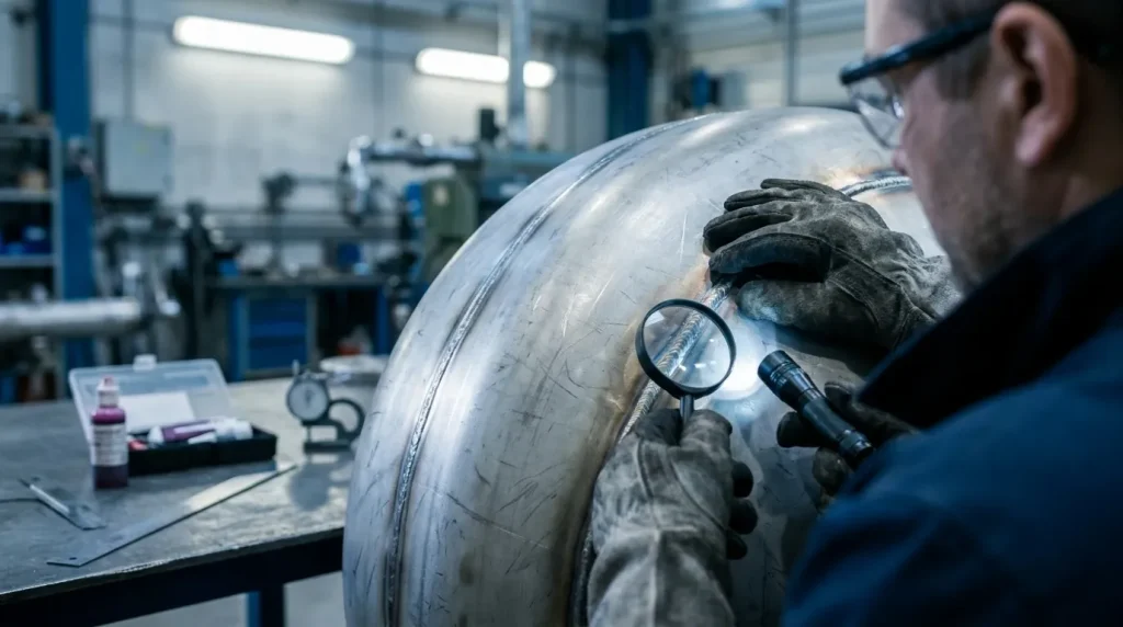Technician inspecting pressure vessel welds with a magnifying glass and flashlight.