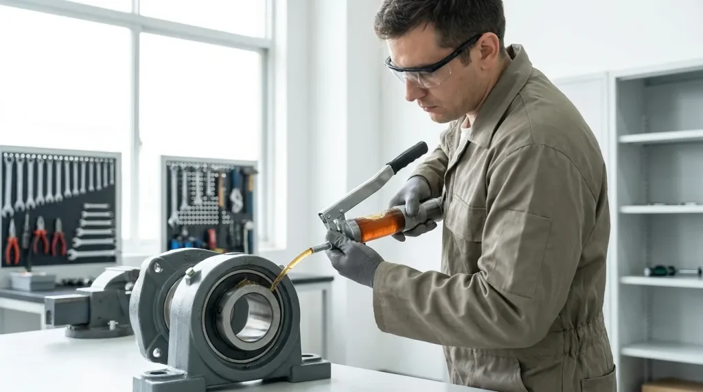 Technician applying grease to an industrial bearing during routine lubrication maintenance.