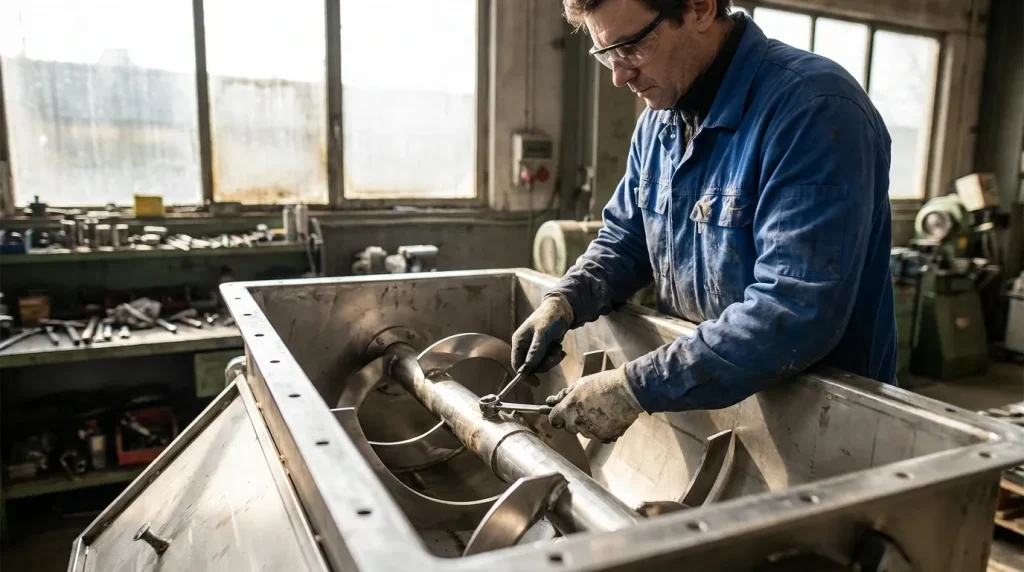 Technician performing maintenance and inspection on the internal components of an industrial ribbon blender.