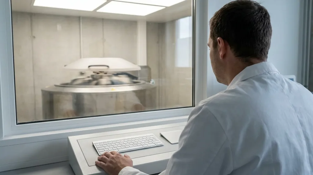 Technician monitoring centrifuge operation and collecting performance data from a control workstation.