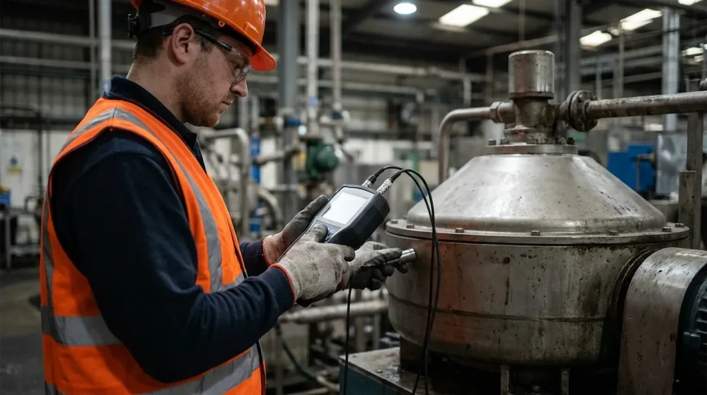 Technician performing vibration diagnostic analysis on an industrial centrifuge using a handheld monitoring device.