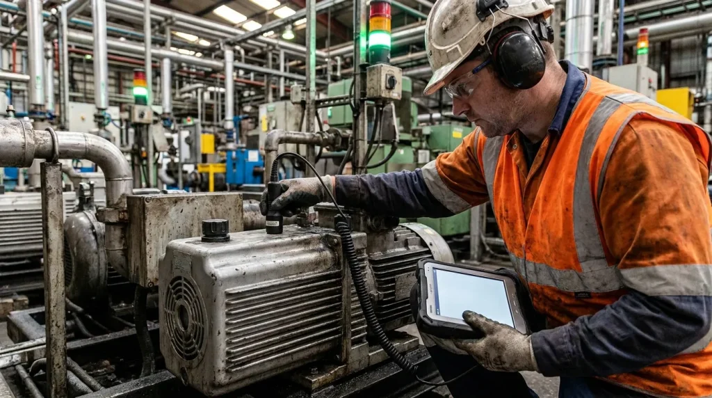 Technician using vibration monitoring equipment and a tablet to diagnose an industrial vacuum pump during preventive maintenance.