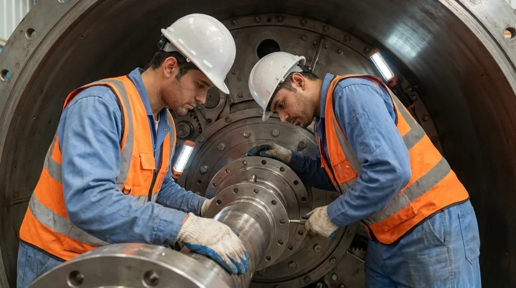 Two technicians installing and aligning a large mechanical component inside industrial rotary processing equipment.