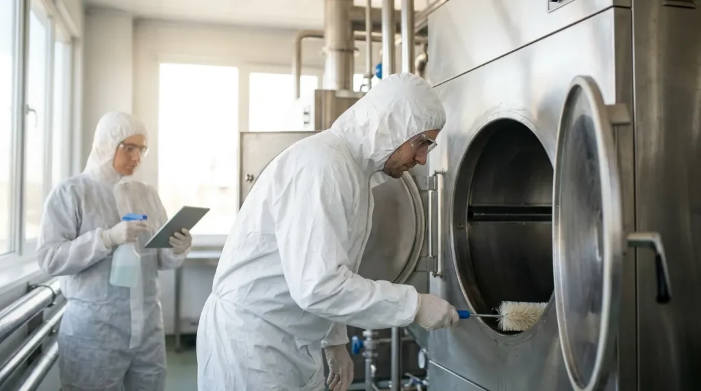 Technicians in protective clothing cleaning and inspecting the interior of an industrial pharmaceutical dryer.
