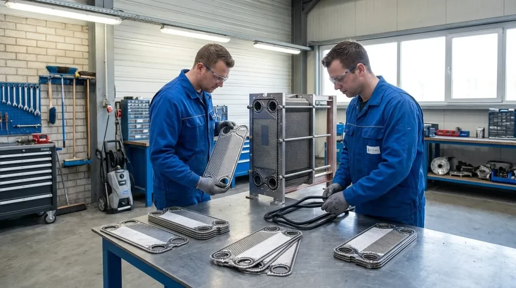 Technicians performing maintenance and cleaning on plate heat exchanger plates and gaskets.