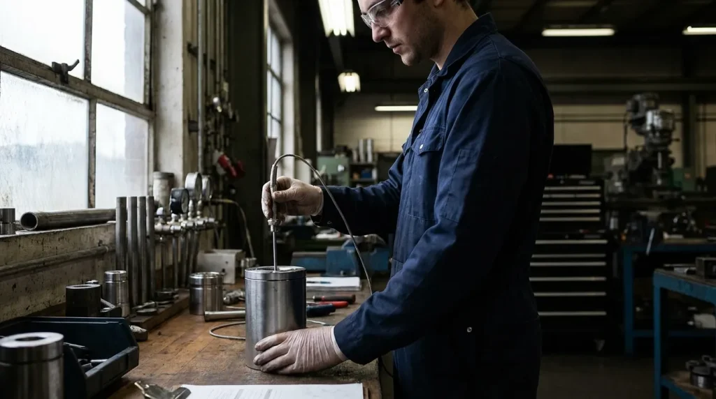 Industrial technician calibrating a temperature sensor with a probe inside a metal test container.