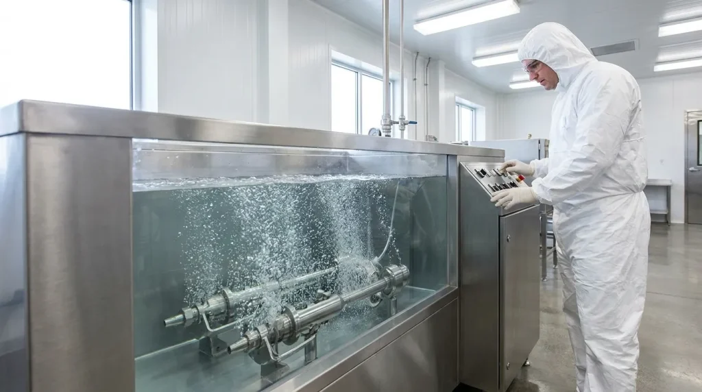 Technician operating an ultrasonic cleaning system for spray dryer nozzles and maintenance components.