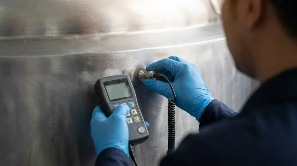 Technician performing ultrasonic thickness testing on a stainless steel reactor vessel to monitor wall condition.