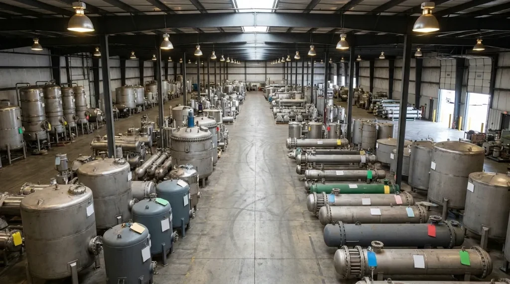 Warehouse filled with used industrial processing equipment, tanks, vessels, and heat exchangers.