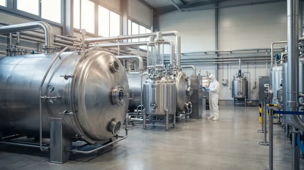 Large stainless steel vacuum dryers installed in a pharmaceutical manufacturing and processing facility.