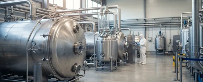 Large stainless steel vacuum dryers installed in a pharmaceutical manufacturing and processing facility.