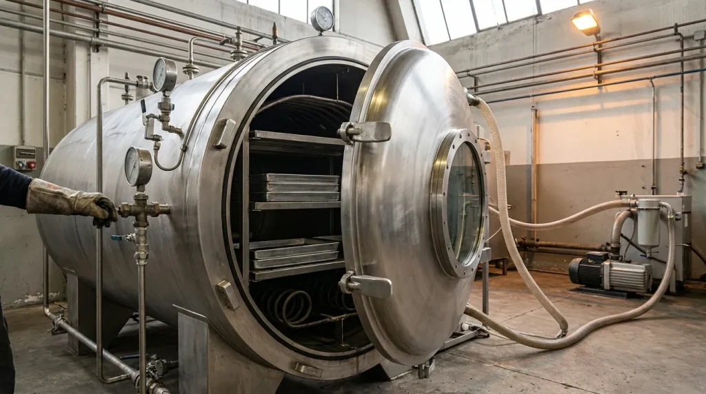 Open industrial vacuum drying chamber with product trays, gauges, piping, and vacuum pump equipment.