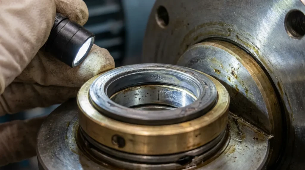Close-up inspection of a vacuum pump seal and gasket assembly showing wear, lubricant residue, and metal contact surfaces.