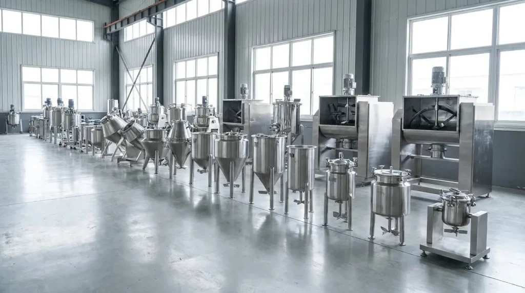 Industrial mixer manufacturing facility with stainless steel mixing tanks, control systems, and processing equipment.