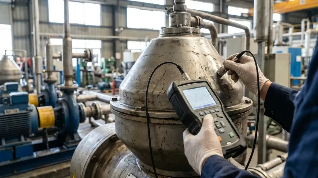 Technician performing vibration analysis on industrial centrifuge equipment using a handheld diagnostic monitoring device.