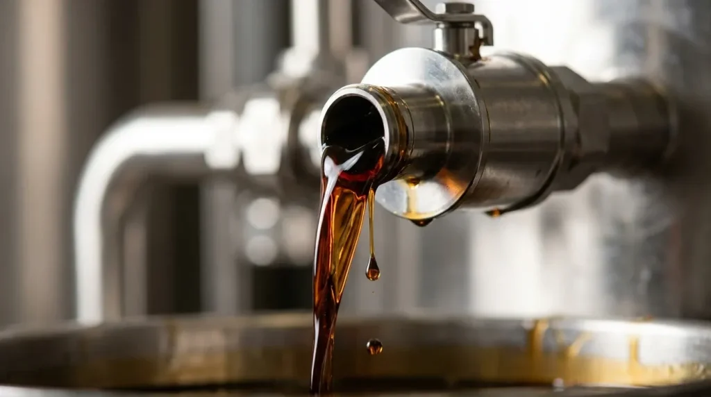 Viscous concentrated liquid flowing from a stainless steel outlet during evaporator processing.