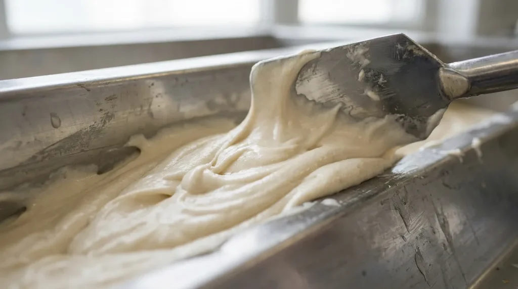 Close-up of viscous paste being handled in stainless steel industrial processing equipment.