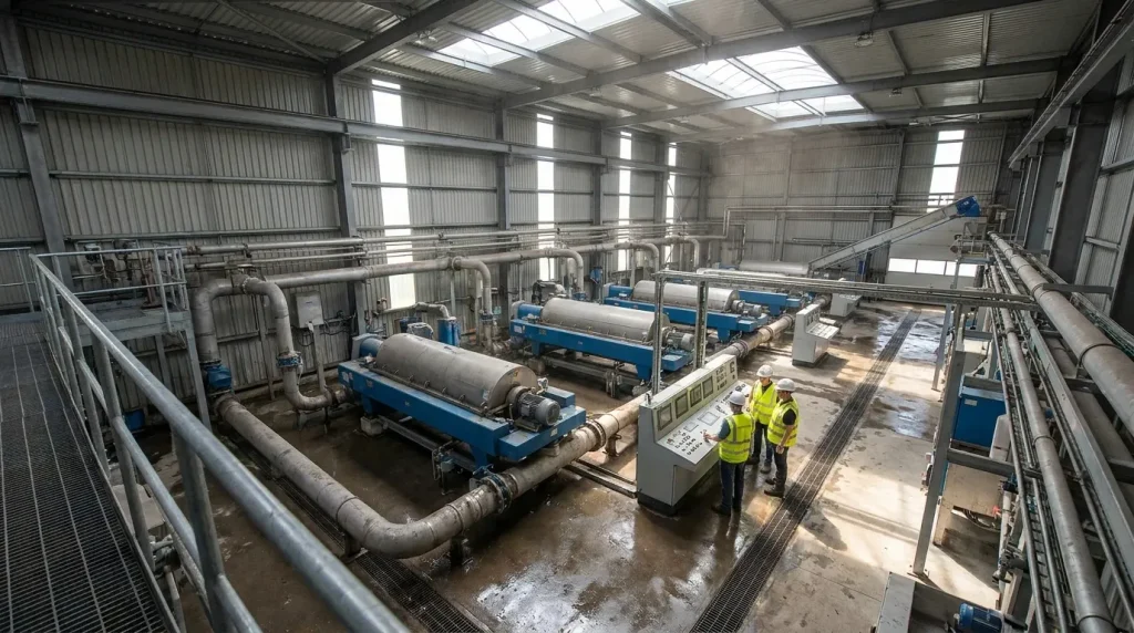 Wastewater treatment facility with multiple decanter centrifuges and operators monitoring the process.