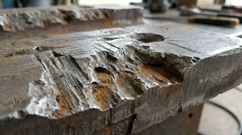 Close-up of a heavily worn industrial steel component showing abrasive erosion, surface damage, and material loss.