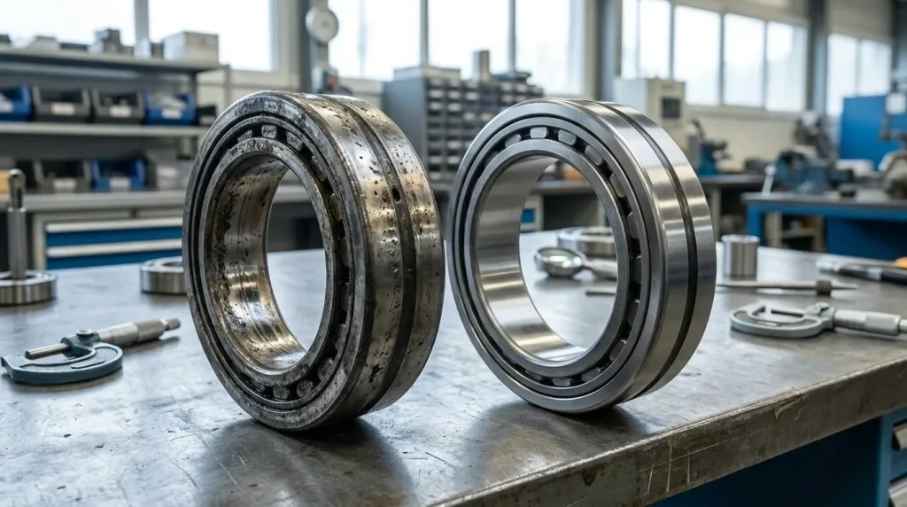 Side-by-side comparison of a worn industrial bearing and a new replacement bearing.